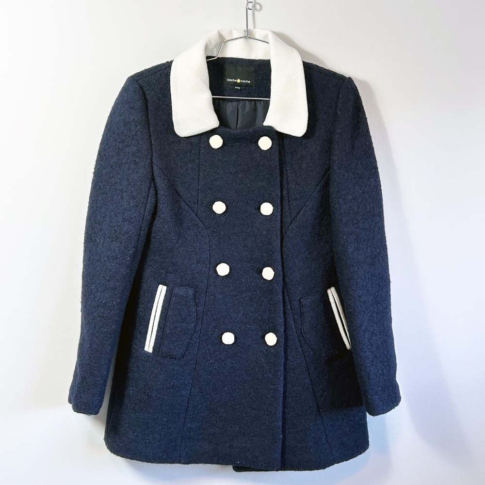Double Breasted Navy Pea Coat with white collar and buttons, Size S - XS